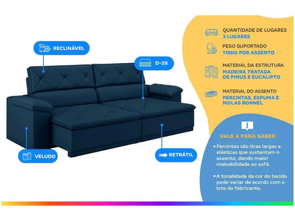 Sofá Retrátil Reclinável 3 Lugares
