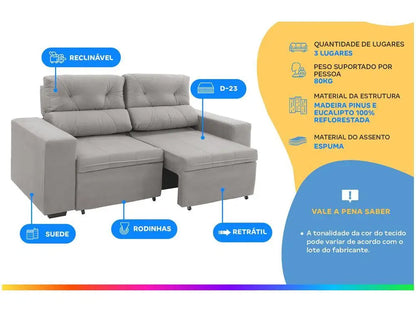 Sofá retrátil reclinável de camurça